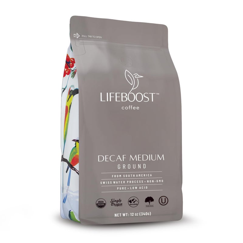 Lifeboost Medium Roast Swiss Water Decaf Coffee Ground - Non-GMO Low Acid Single Origin USDA Decaf Organic Coffee - Third Party Tested For Mycotoxins & Pesticides - 12 Ounces - Image 1